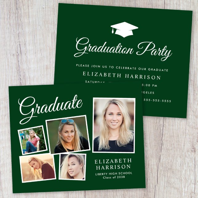 Budget 5 Photo Green Graduation Party Invitation (A personalized photo graduation party invitation to celebrate the graduate's achievements)