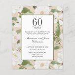 Budget 60th Anniversary White Flowers ivory<br><div class="desc">LOW COST 60th WEDDING INVITATION *** PRINTED ON AFFORDABLE, LIGHTER-WEIGHT PAPER *** This design features an elegant botanical pattern of white flowers and leaves in watercolor palette of ivory, cream sage and moss green on a ivory background with your 60th wedding anniversary details displayed in a modern combination of cursive...</div>