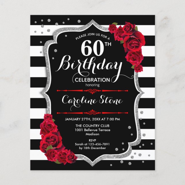 Budget 60th Birthday Black White Red Silver Invite Flyer (Front)