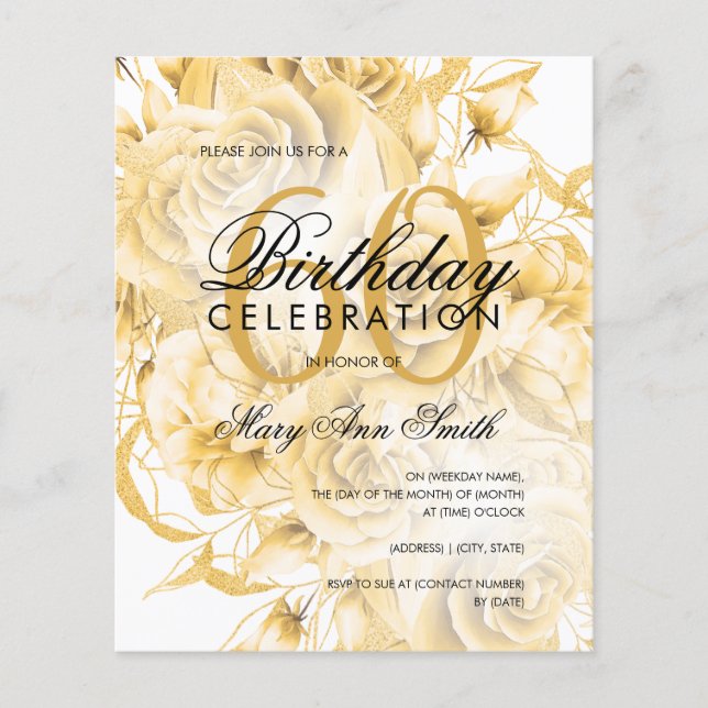 Budget 60th Birthday Floral Gold Invite Flyer (Front)