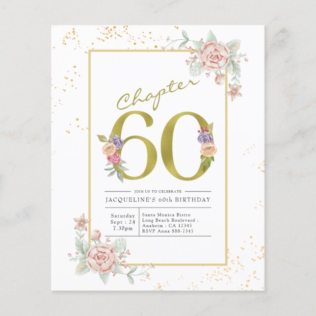 Budget 60th Birthday Floral Gold Script Invitation Flyer (Front)