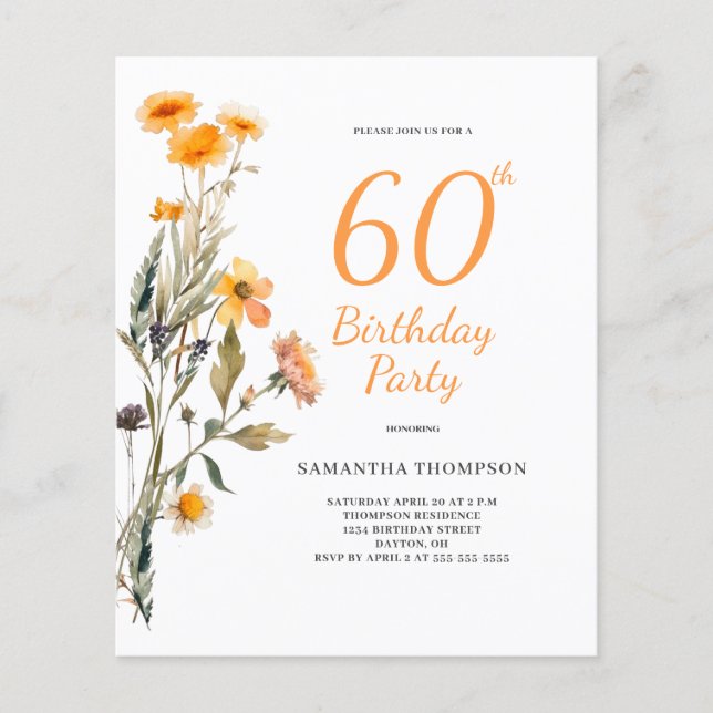 Budget 60th Birthday Floral Wildflower Invitation (Front)