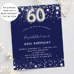 Budget 60th birthday navy blue silver invitation<br><div class="desc">A modern,  stylish and glamourous invitation for a 60th birthday party.  A navy blue background,  decorated with faux silver stars. Personalise and add your name and party details.  Number 60 is written with a balloon style font.</div>