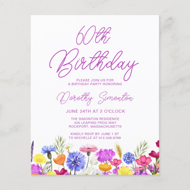 BUDGET 60th Birthday Purple Wildflower Invitation (Front)
