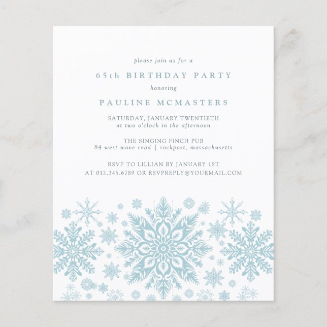 BUDGET 65th Birthday Blue Snowflake Invitation (Front)