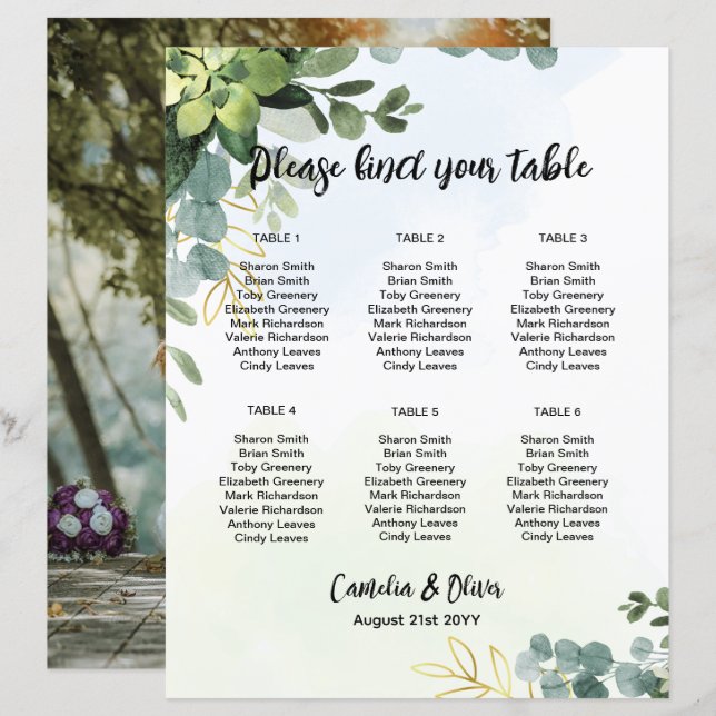 BUDGET 6 Table Wedding Seating Chart Greenery  (Front/Back)