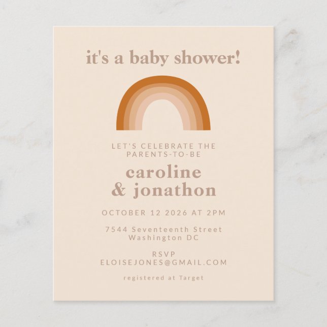 Budget 70s Rainbow Terracotta Baby Shower Invite (Front)