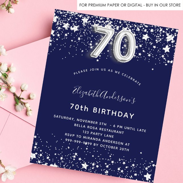 Budget 70th birthday navy blue silver invitation (Creator Uploaded)