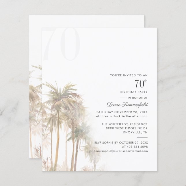 Budget 70th Birthday Party Palm Tree Invitation (Front/Back)