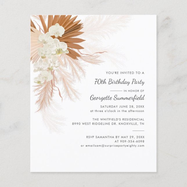 Budget 70th Birthday Party Pampas Grass Invitation (Front)