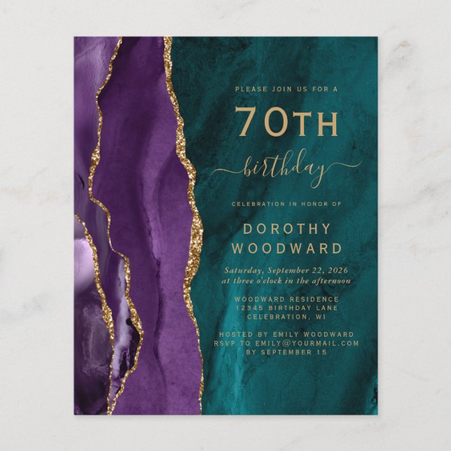 Budget 70th Birthday Purple Gold Teal Agate Invite (Front)