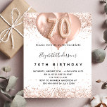 Budget 70th birthday rose gold balloons invitation<br><div class="desc">For an elegant 70th birthday.  A stylish white background. Decorated with rose gold,  pink faux glitter,  sparkles and balloons.  Personalize and add a name,  and party details. The name is written with a hand lettered style script,  number 70 with balloon style fonts.</div>