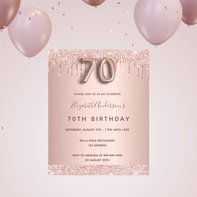 Budget 70th birthday rose gold glitter invitation (Creator Uploaded)