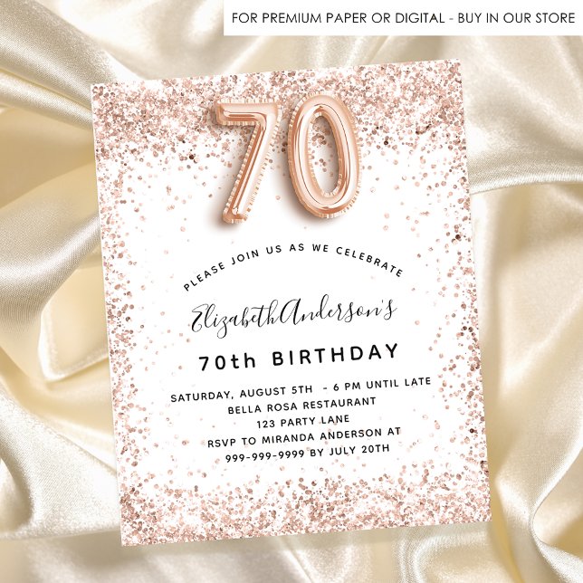 Budget 70th birthday rose gold white invitation (Creator Uploaded)