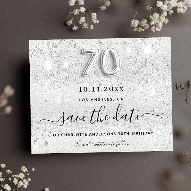 Budget 70th birthday silver glitter save the date (Creator Uploaded)