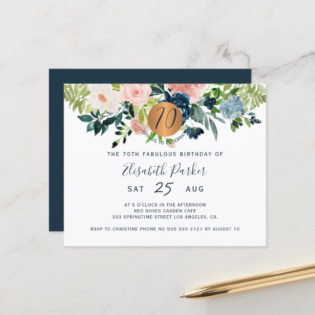 Budget 70th floral birthday party Invitation (Front/Back In Situ)