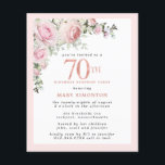 Budget 70th Surprise Birthday Pink Floral Invite<br><div class="desc">Soft blush pink frame with an elegant pink rose floral arrangement in the upper left corner. 70th is written in a beautiful rose gold texture. Pretty and feminine design.</div>