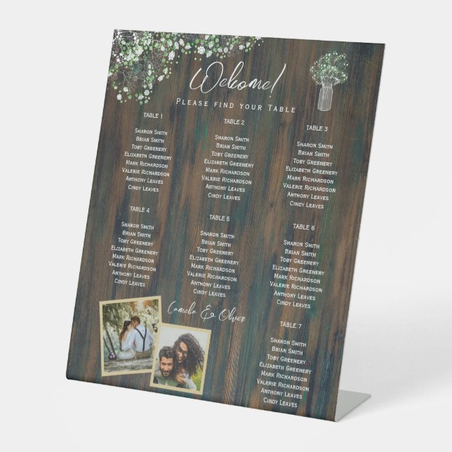 BUDGET 7 Table Rustic Gypsophila PHOTO Seating Pedestal Sign (Front)