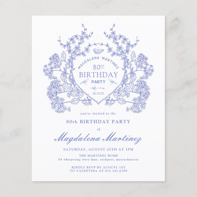 BUDGET 80th Birthday Blue Floral Crest (Front)