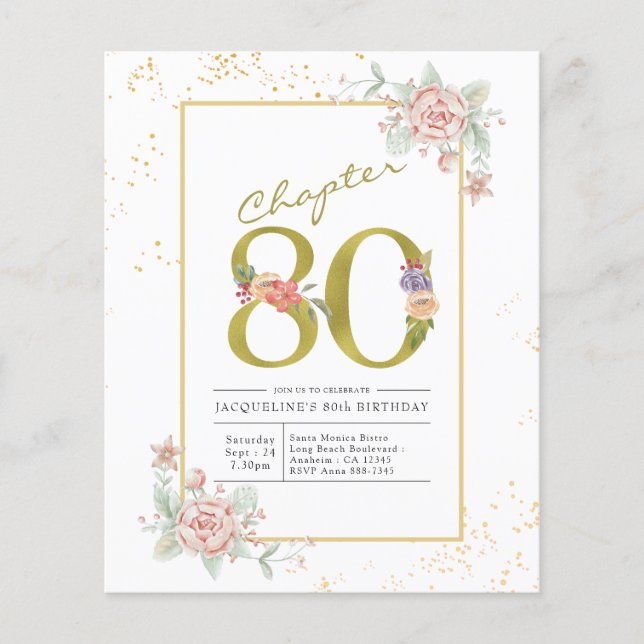 Budget 80th Birthday Floral Gold Script Invitation Flyer (Front)