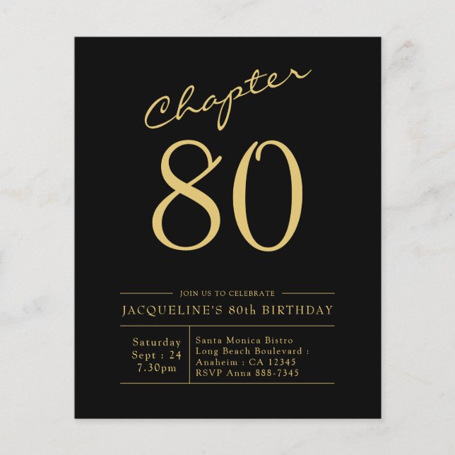 Budget 80th Birthday Invitation Black Gold Flyer (Front)