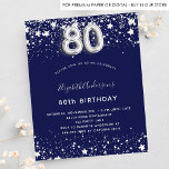 Budget 80th birthday navy blue silver invitation<br><div class="desc">A modern,  stylish and glamourous invitation for a 80th birthday party.  A navy blue background,  decorated with faux silver stars. Personalise and add your name and party details.  Number 80 is written with a balloon style font.</div>