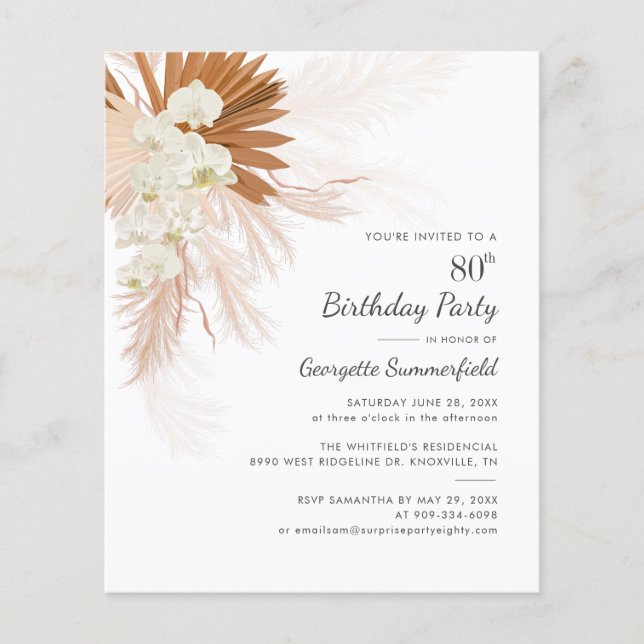 Budget 80th Birthday Party Pampas Grass Invitation (Front)