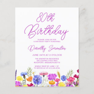 BUDGET 80th Birthday Purple Wildflower Invitation