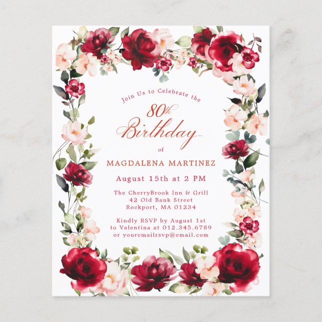 BUDGET 80th Birthday Red Rose Pink Peony Invite (Front)