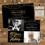 Budget 80th Birthday Retro 2 Photos Invitation<br><div class="desc">A budget-friendly 80th birthday invitation printed on 4.5x6.25-inch lightweight 110 lb semi-gloss paper instead of cardstock featuring a retro gold typography design announcing 80 YEARS IN THE MAKING which incorporates his or her birth year within the design, two photos and string lights on your choice of background colour (shown in...</div>