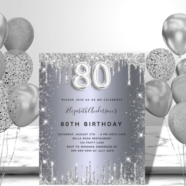 Budget 80th birthday silver glitter invitation (Creator Uploaded)