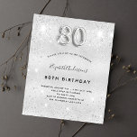 Budget 80th birthday silver glitter invitation<br><div class="desc">A modern,  stylish and glamourous invitation for a 80th birthday party.  A faux silver looking background,  decorated with glitter dust.    Personalise and add your name nad party details.  Number 80 is written with a balloon style font,  script.</div>