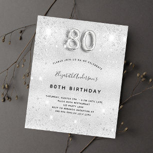 Budget 80th birthday silver glitter invitation