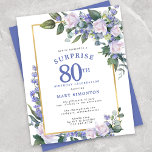 Budget 80th Birthday Surprise Party Invitation<br><div class="desc">Honour a special woman with this elegant and feminine Budget 80th Birthday Surprise Party invitation. Surprise and 80th are written in large blue text. Birthday Celebration follows. The honoured guest's name is also in blue capital letters. The birthday celebration details are surrounded by a chic gold frame. The blue flowers...</div>