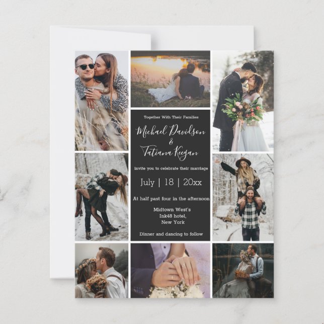 budget 8 photos collage black wedding invitation (Front)