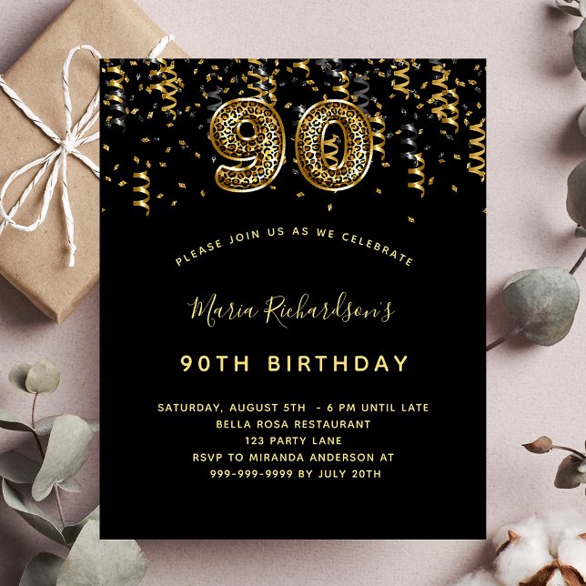 Budget 90th birthday black gold leopard invitation (Creator Uploaded)