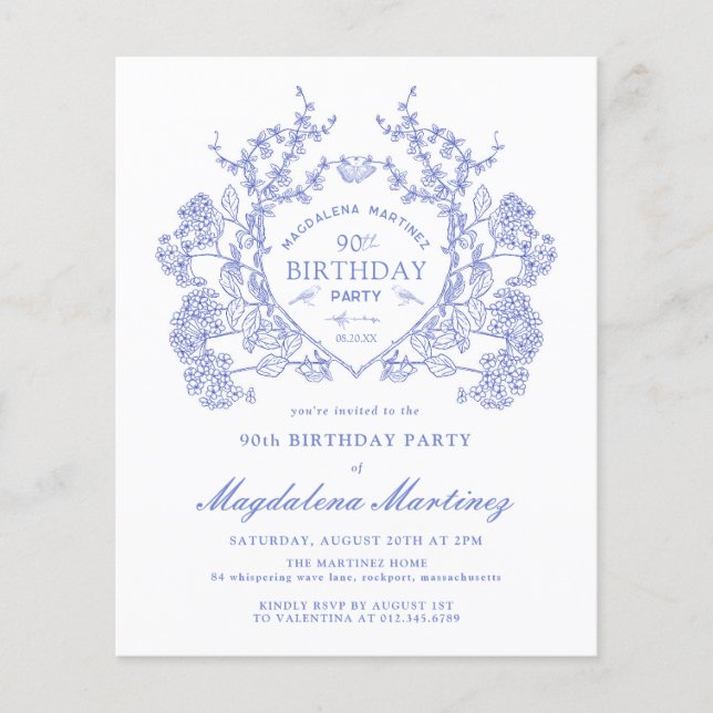 BUDGET 90th Birthday Blue Floral Crest (Front)