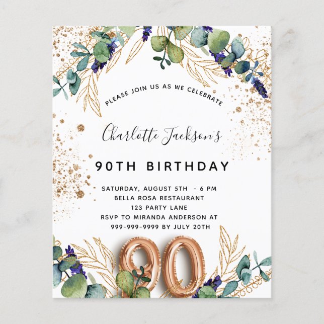 Budget 90th birthday eucalyptus greenery glitter (Front)