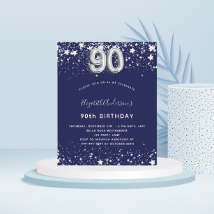 Budget 90th birthday navy blue silver invitation