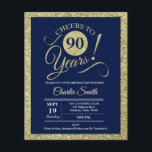 Budget 90th Birthday - Navy Gold ANY YEAR Invite Flyer<br><div class="desc">90th Birthday Party Invitation in faux glitter gold and navy blue. Cheers to 90 years! Please message us if you need further customisation. *** Please note that this design will be printed on a very thin flyer paper and it doesn't come with envelopes. Perfect for a budget invitations. If you...</div>