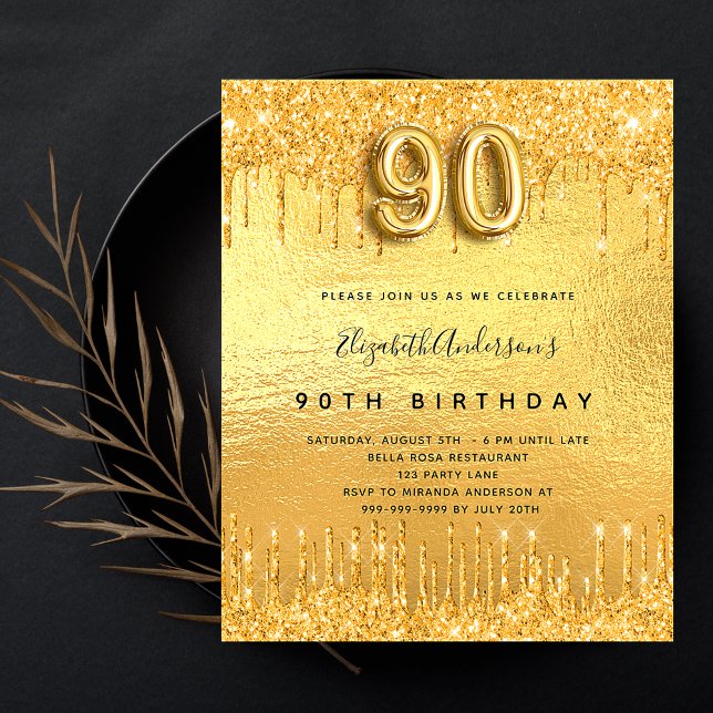 Budget 90th birthday party gold glitter invitation (Creator Uploaded)