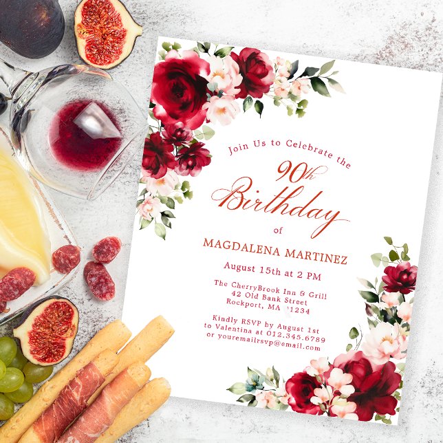 BUDGET 90th Birthday Red Pink Floral Invitation (Creator Uploaded)