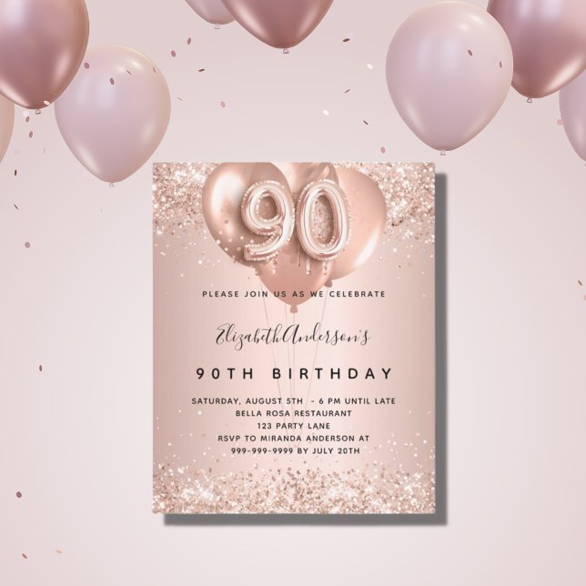 Budget 90th birthday rose gold balloons invitation (Creator Uploaded)