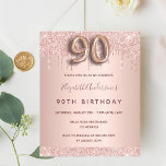 Budget 90th birthday rose gold glitter invitation<br><div class="desc">A modern, stylish and glamourous invitation for a 90th birthday party. A faux rose gold metallic looking background with an elegant faux rose gold glitter drip, paint drip look. The name is written with a modern dark rose gold coloured hand lettered style script. Personalise and add your party details. Number...</div>