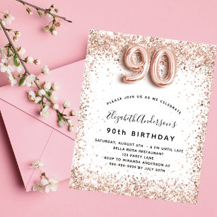 Budget 90th birthday rose gold white invitation