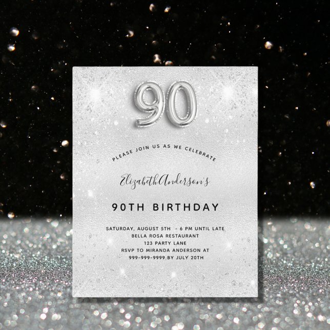 Budget 90th birthday silver glitter invitation (Creator Uploaded)