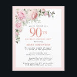 Budget 90th Birthday Surprise Party Pink Floral<br><div class="desc">Soft blush pink frame with an elegant pink rose floral arrangement in the upper left corner. 90th is written in a beautiful rose gold texture. Pretty and feminine design.</div>