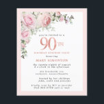 Budget 90th Birthday Surprise Party Pink Floral<br><div class="desc">Soft blush pink frame with an elegant pink rose floral arrangement in the upper left corner. 90th is written in a beautiful rose gold texture. Pretty and feminine design.</div>