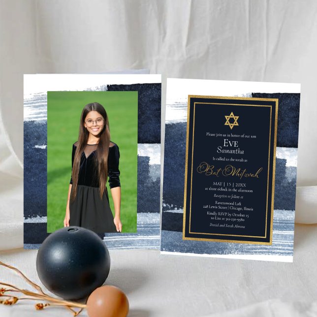 Budget Abstract Blue Gilded Photo Bat Mitzvah (Creator Uploaded)
