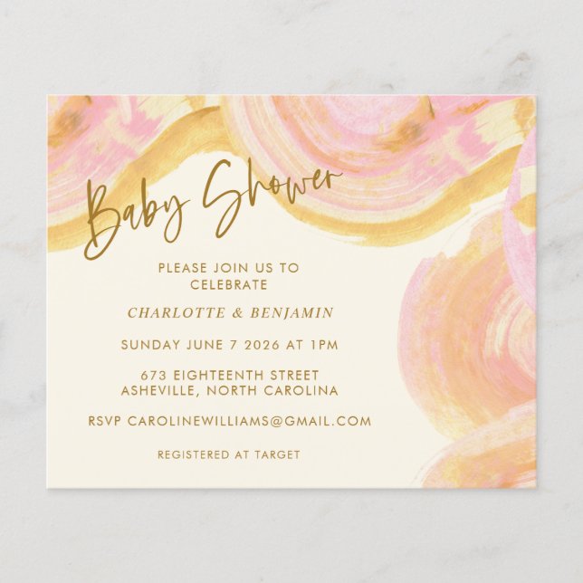 Budget Abstract Paint Swirl Pink Baby Shower Card (Front)